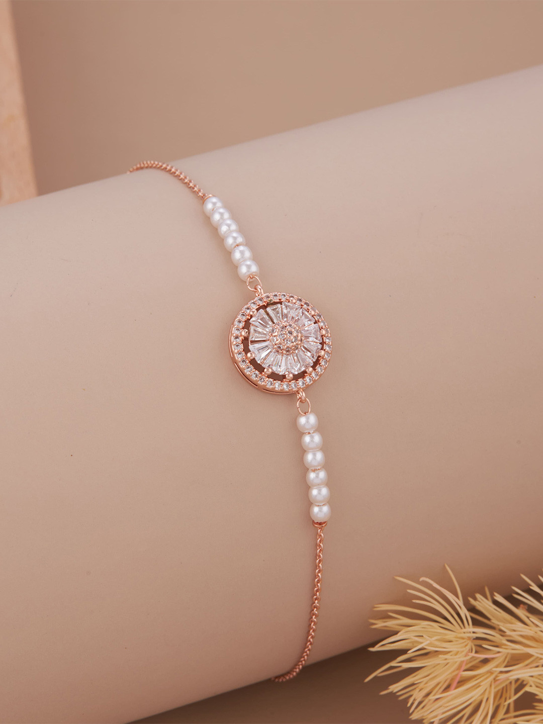 GC Jewelery Stainless Steel Rose Gold-Plated AD & Pearl Beaded Floral Wraparound Bracelet