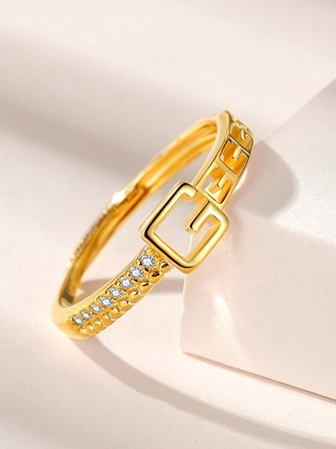 MYKI Vivid Stainless Steel Gold-Plated Stones-Studded Adjustable Finger Ring