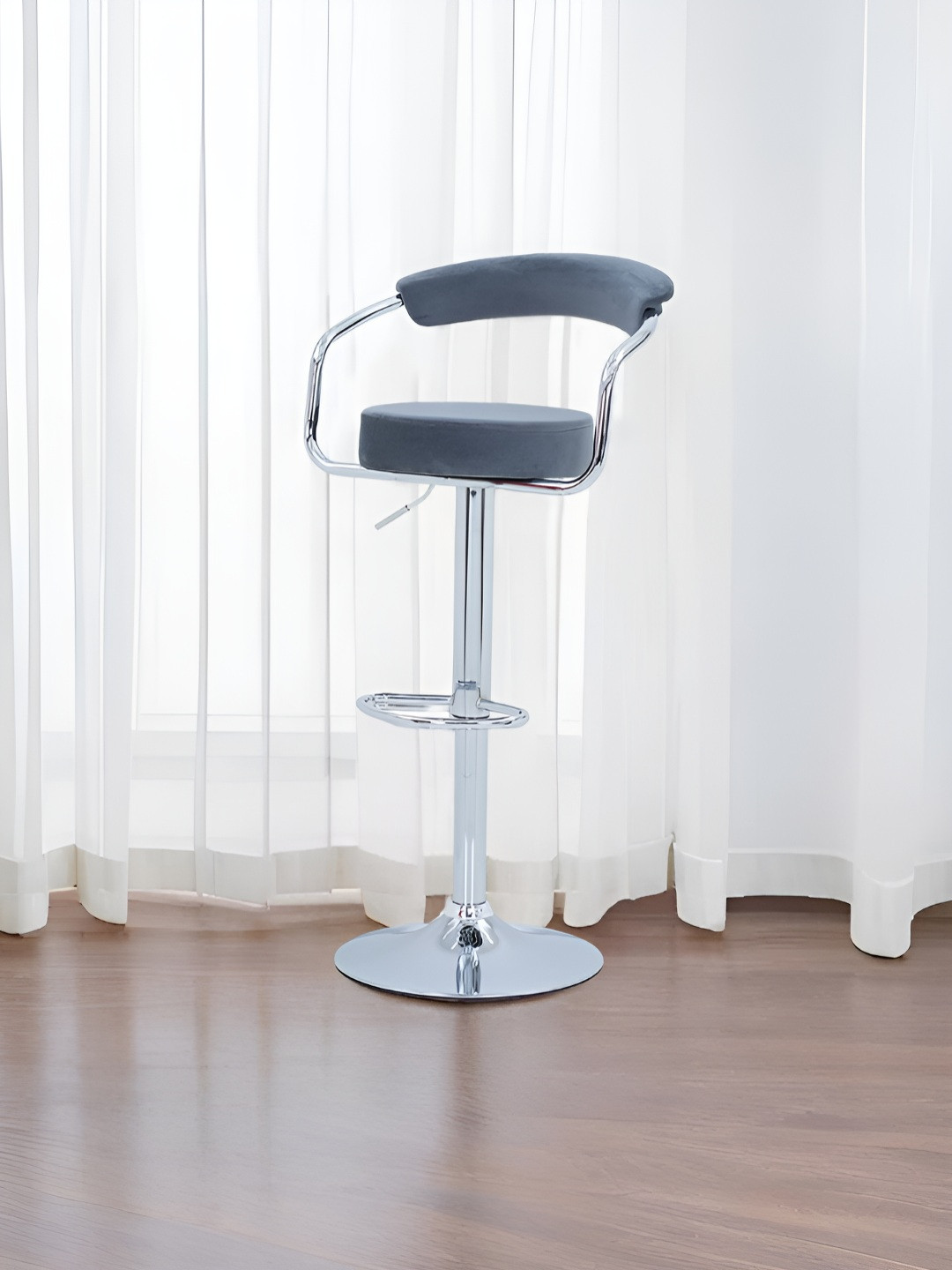 Royaloak Grey & Silver-Toned Low Back Synthetic Fiber Bar Stool