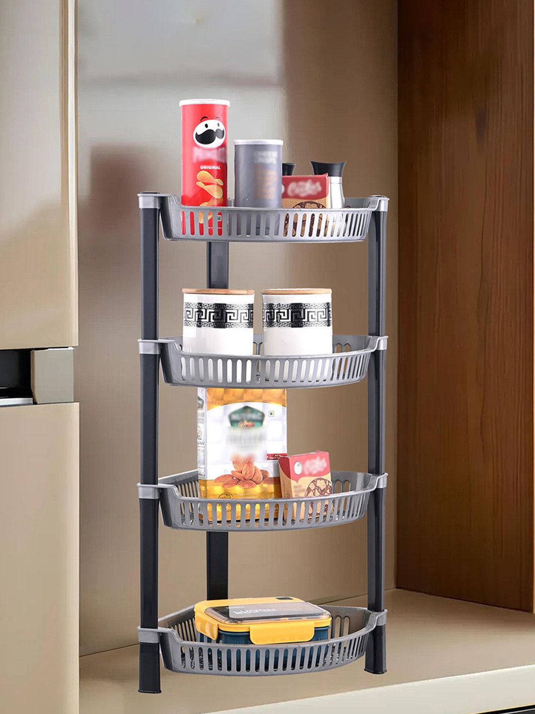 Kuber Industries Silver Toned & Grey 4 Tier Folding Plastic Fruit & Vegetable Basket Stand