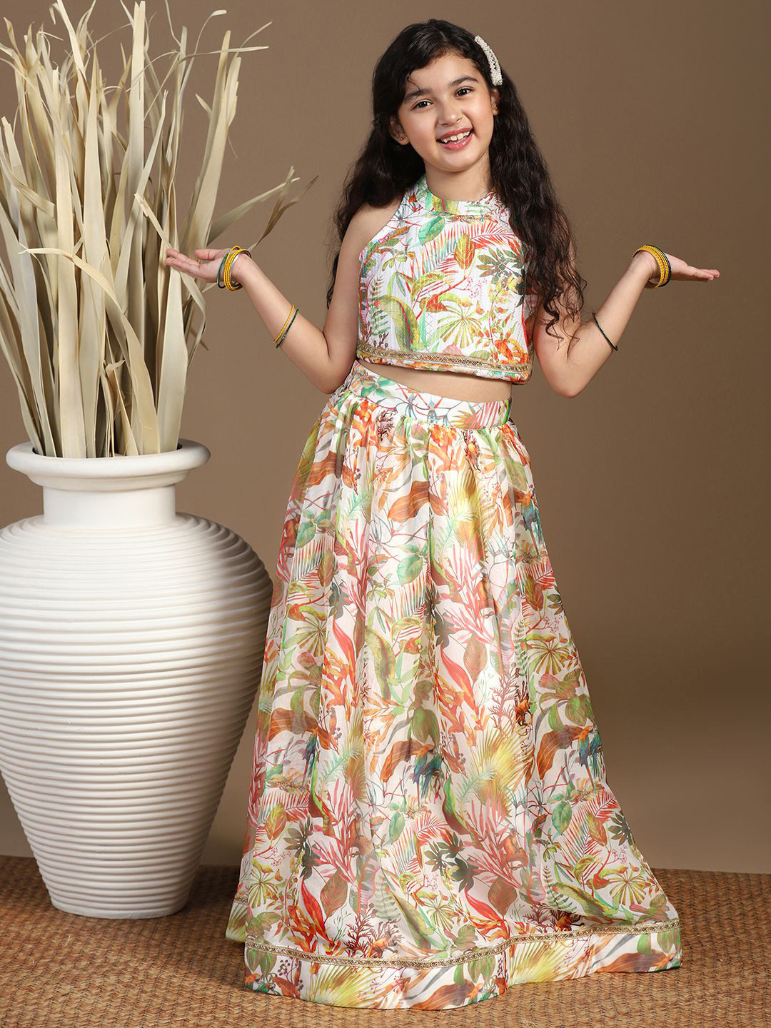 Sangria Girls Printed Halter Neck Lehenga With Choli