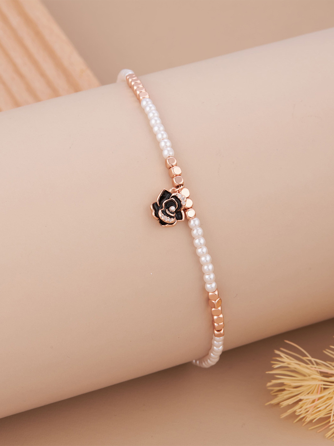 GC Jewelery Stainless Steel Rose Gold-Plated AD Studded & Pearls Beaded Charm Bracelet