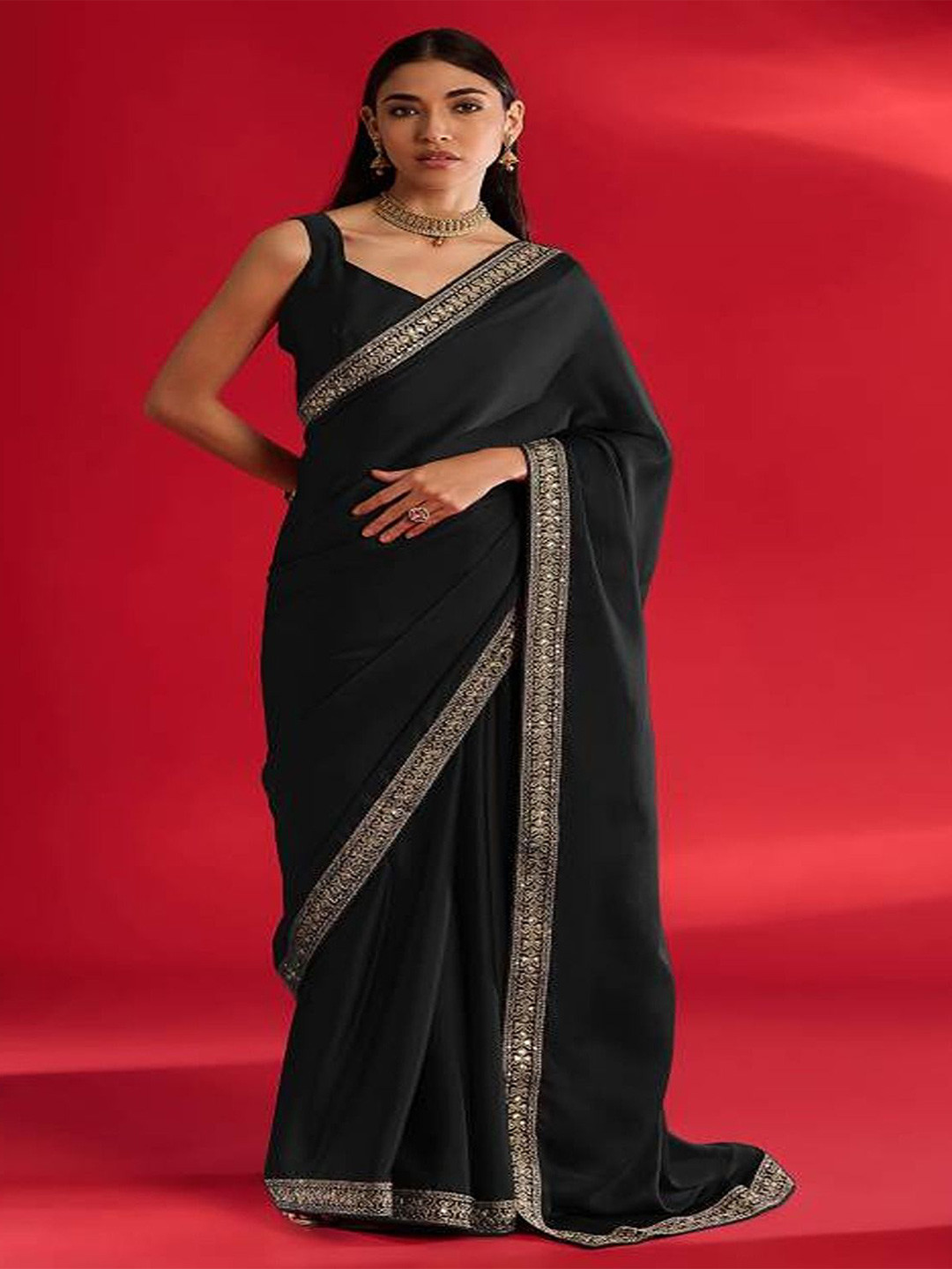 CATCHY FOREVER Satin Embroidery Work Lace Border Saree