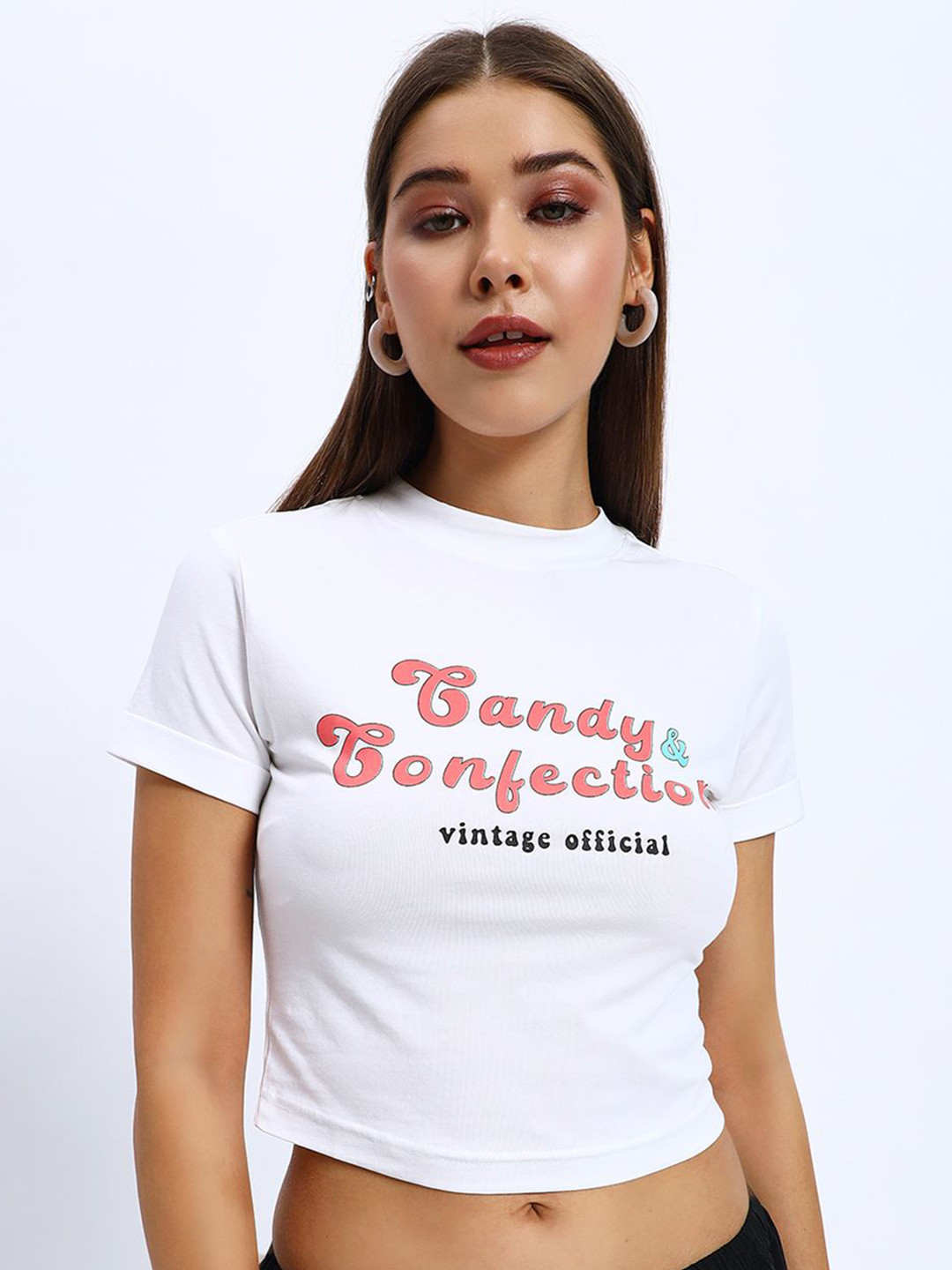Sugercandy CndyCmi Women Typography Print Cotton Crop Fitted Top
