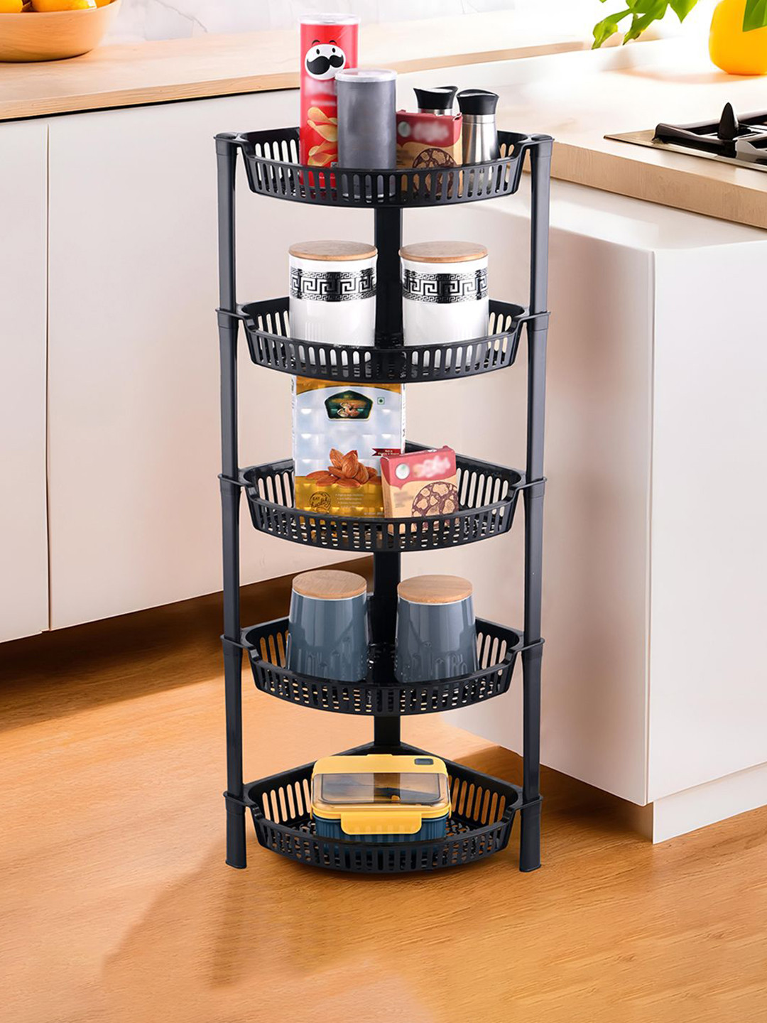 Kuber Industries Black 5 Tier Folding Fruit & Vegetable Basket Stand