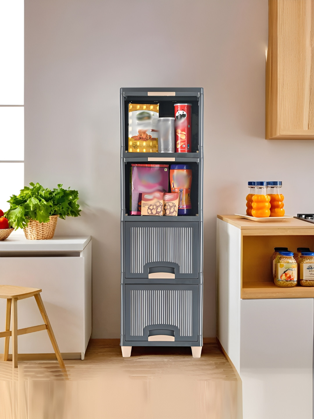 Aura Grey 4 Unit Cabinet Storage Drawer Organizer Multipurpose Folding Storage Rack