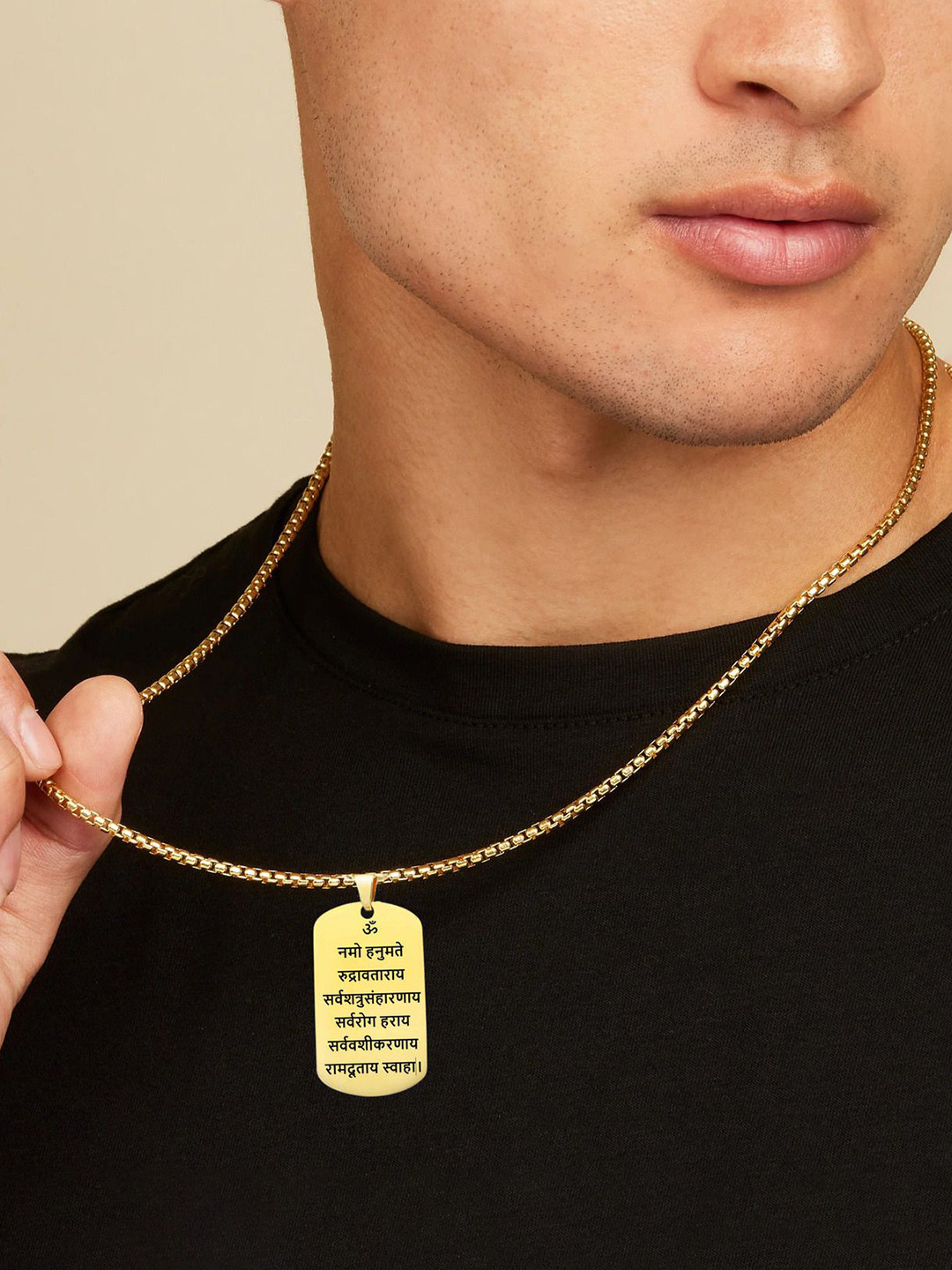 M Men Style Stainless Steel Gold-Plated Om Ham Hanumate Geometric Pendants