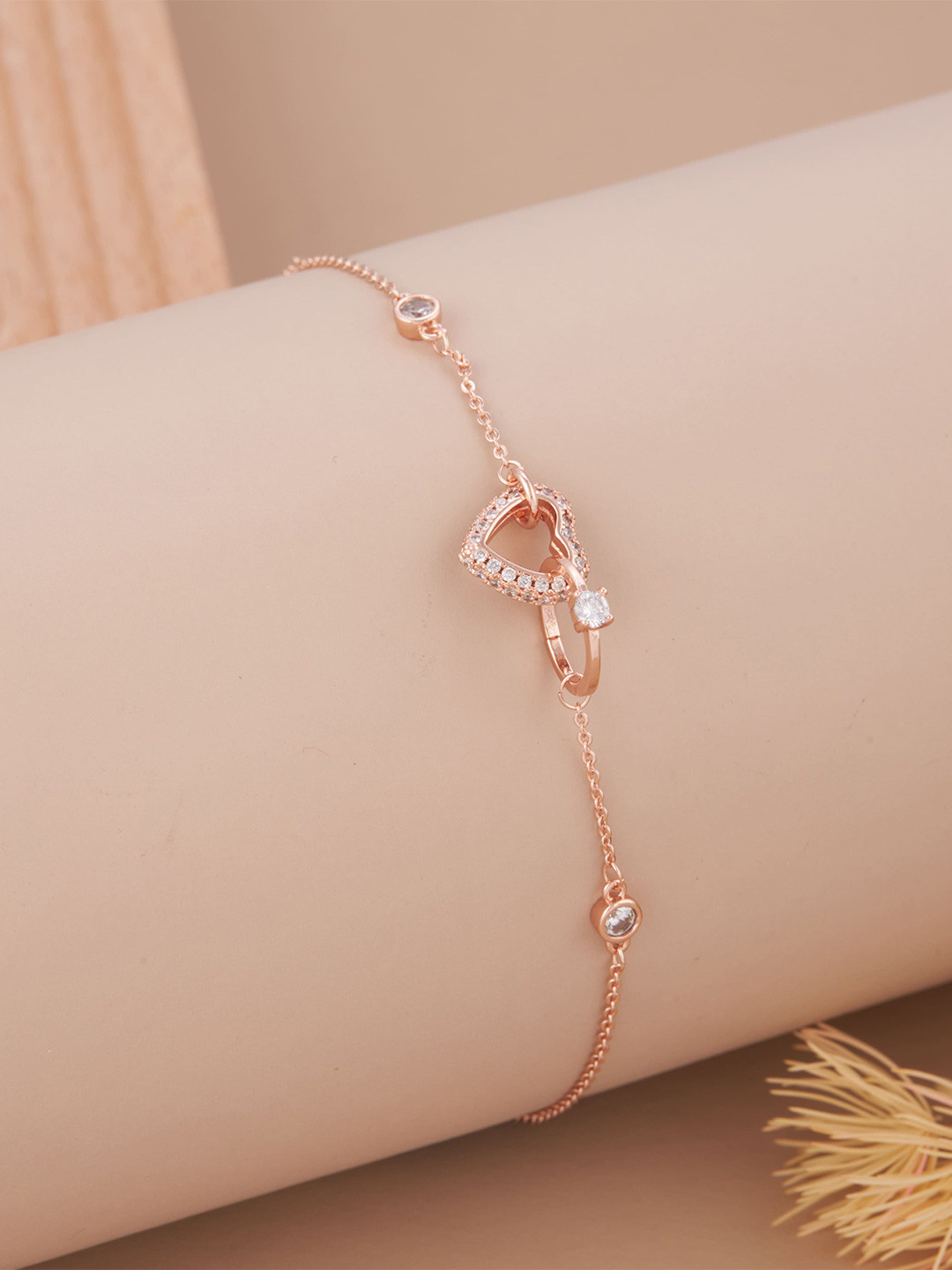 GC Jewelery Stainless Steel Rose Gold-Plated AD Studded Heart Wraparound Bracelet