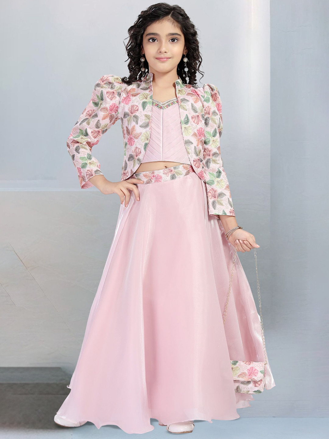 PINK LEAF Girls Printed Pure Silk Top with Skirt