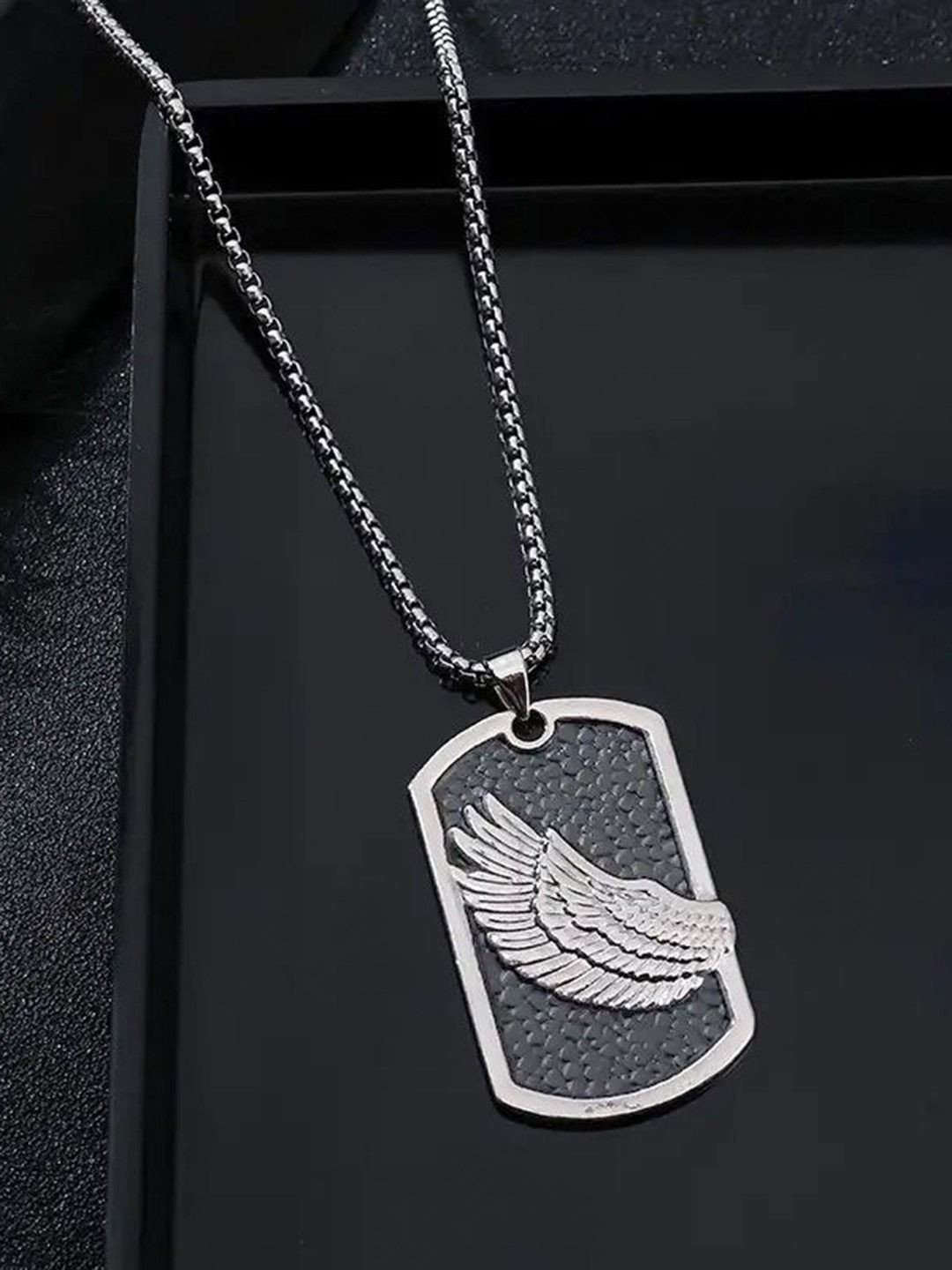 KRENOZ Men Stainless Steel Silver-Plated Single Wing Skeleton Pendant With Chain