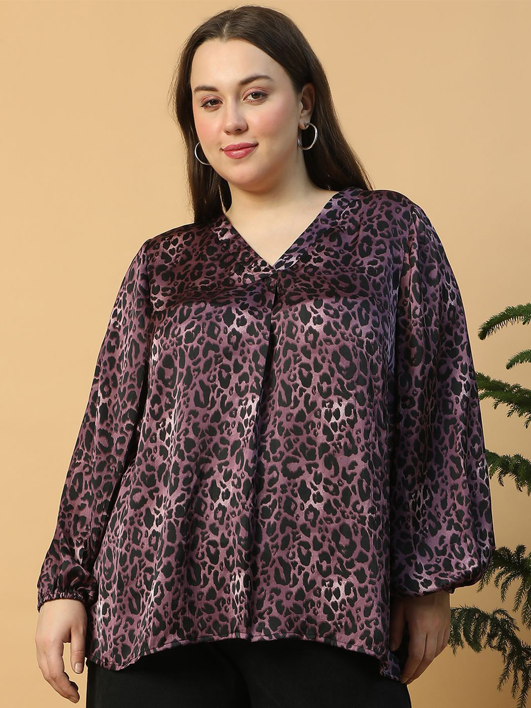 Oxolloxo Plus Size Wine Animal Print V- Neck Long Sleeve Satin Top