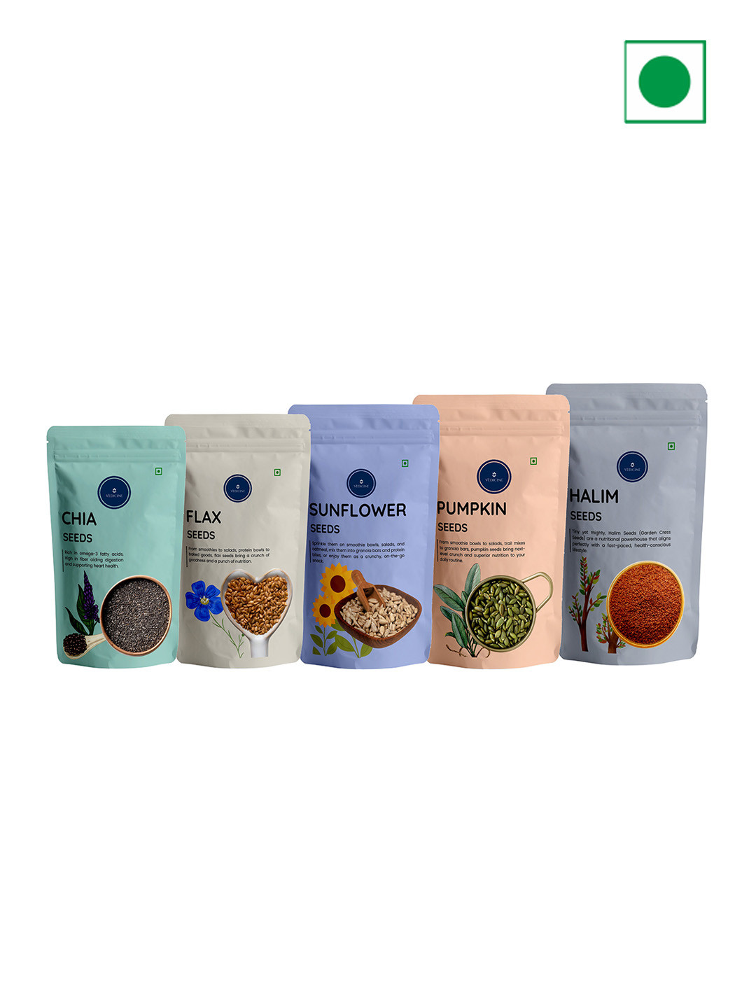 VEDICINE Set Of 5 Chia Flax Sunflower Pumpkin Halim Seeds -100gm Each