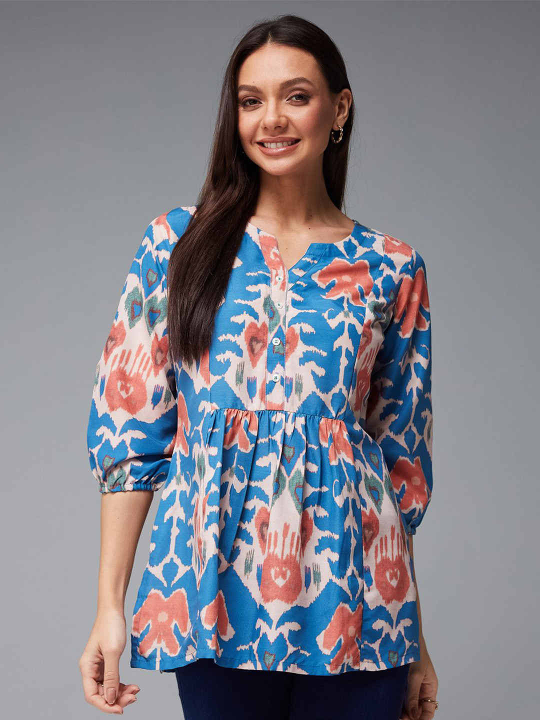 COLOCART Women Turquoise Blue Color Printed Short Tunic Top