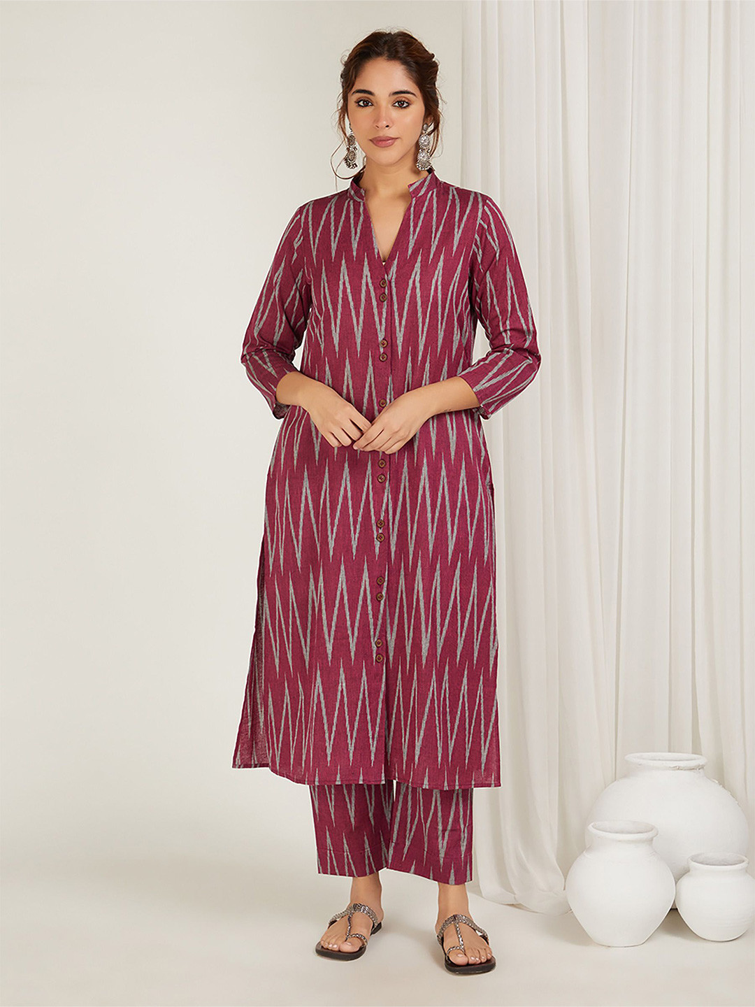 CYAN Chevron Printed Mandarin Collar Ikat Cotton A-Line Kurta