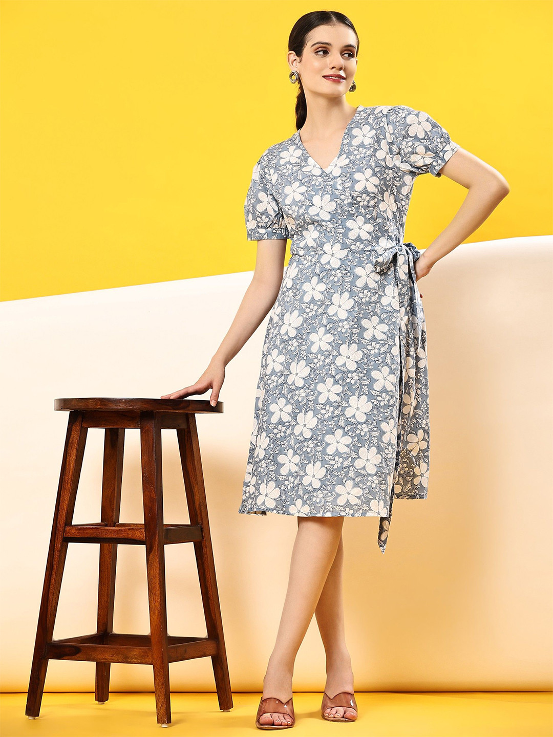 Flabae Floral Printed V-Neck Puff Sleeve Cotton Wrap Dress