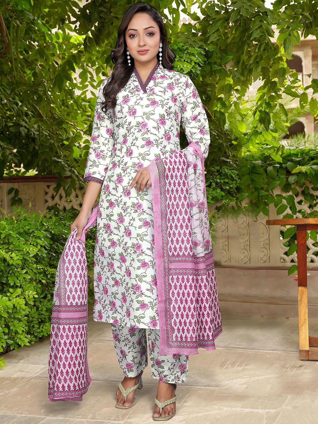 HI FI NX Floral Printed V-Neck Pure Cotton Straight Kurta With Trousers & Dupatta