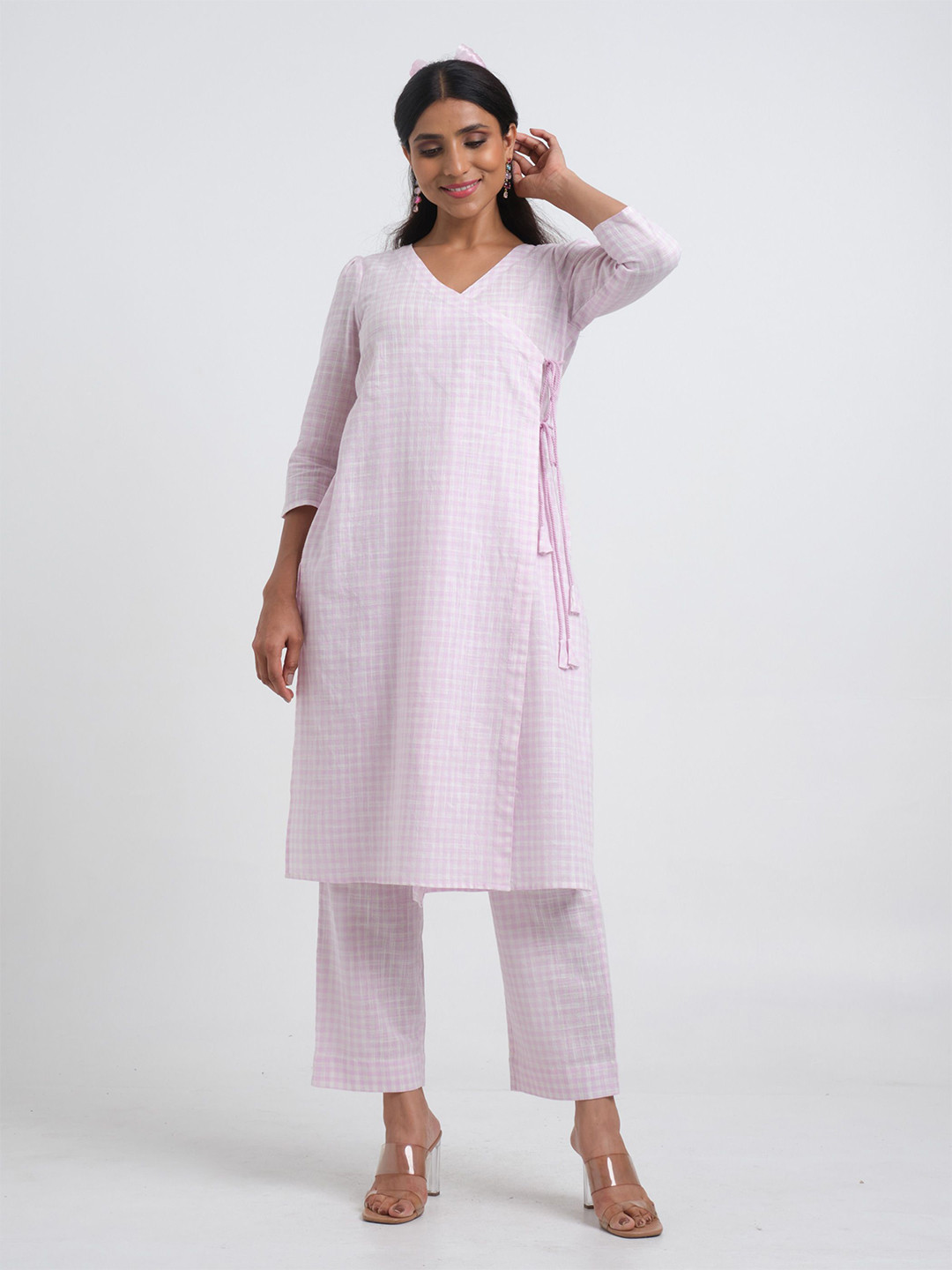 CYAN Checked V Neck Angrakha Straight Kurta
