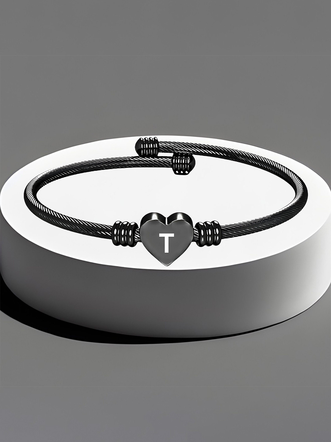 M Men Style Stainless Steel Heart Initials Engraved T Cuff Bracelet