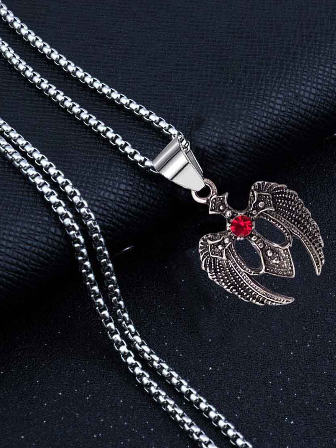 M Men Style Men Silver-Plated Stones Studded Contemporary Biker Pendant With Chain