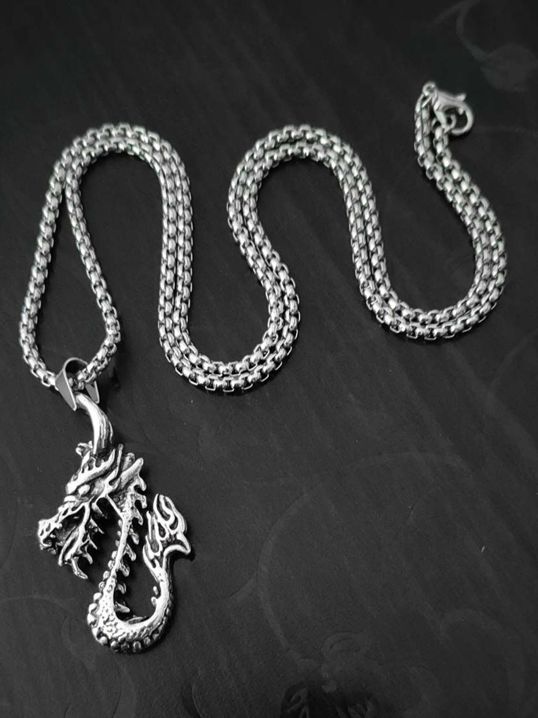 M Men Style Men Silver-Plated Dragon Pendants With Chain