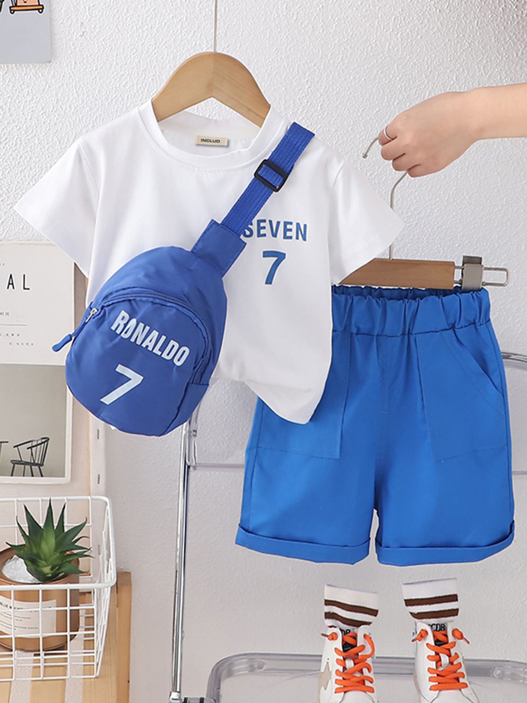 INCLUD Boys Printed Round Neck T-Shirt With Shorts & Bag Pack