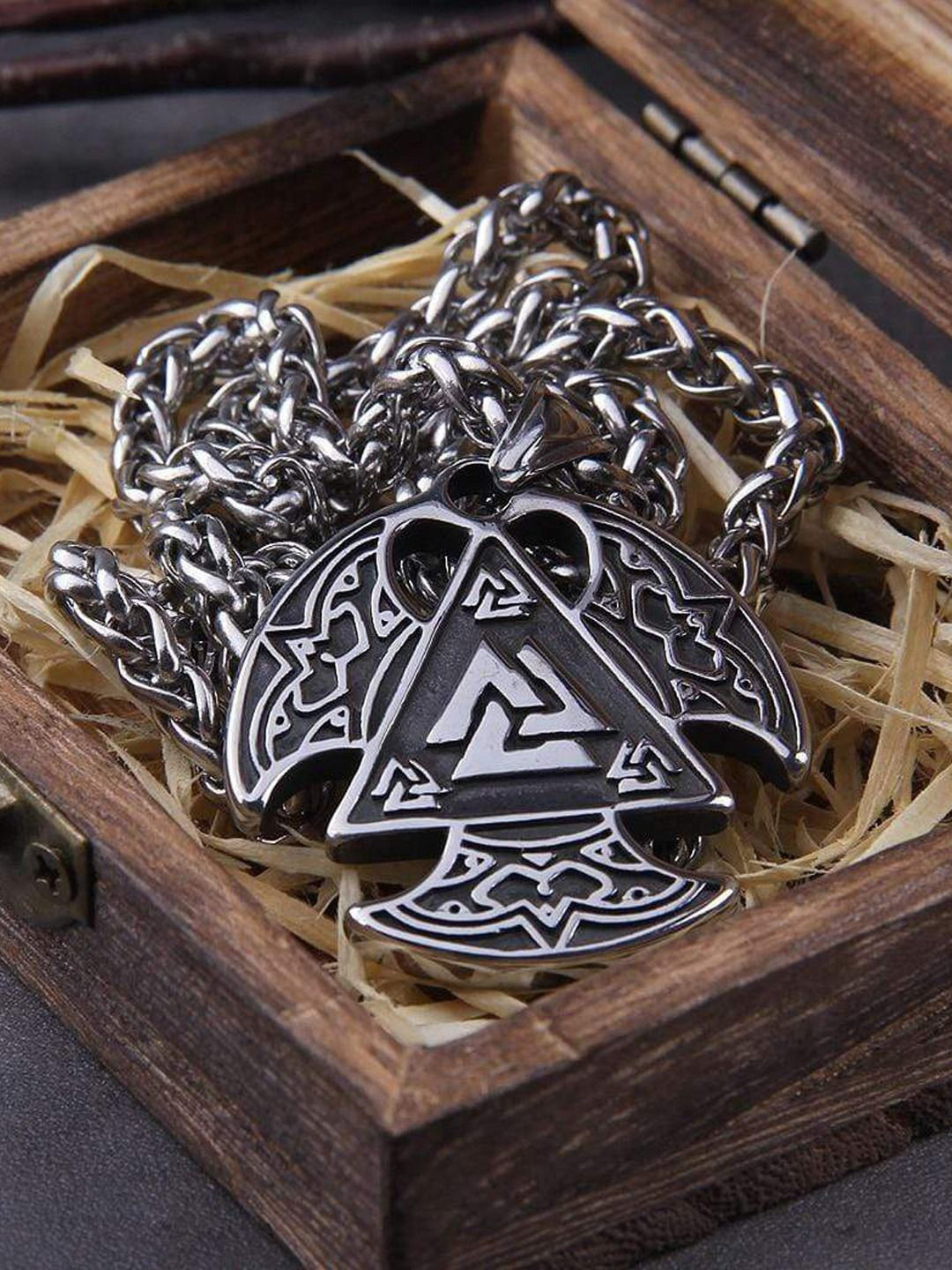 KRENOZ Men Silver-Plated Stainless Steel Vintage Triangle Pendant With Chain