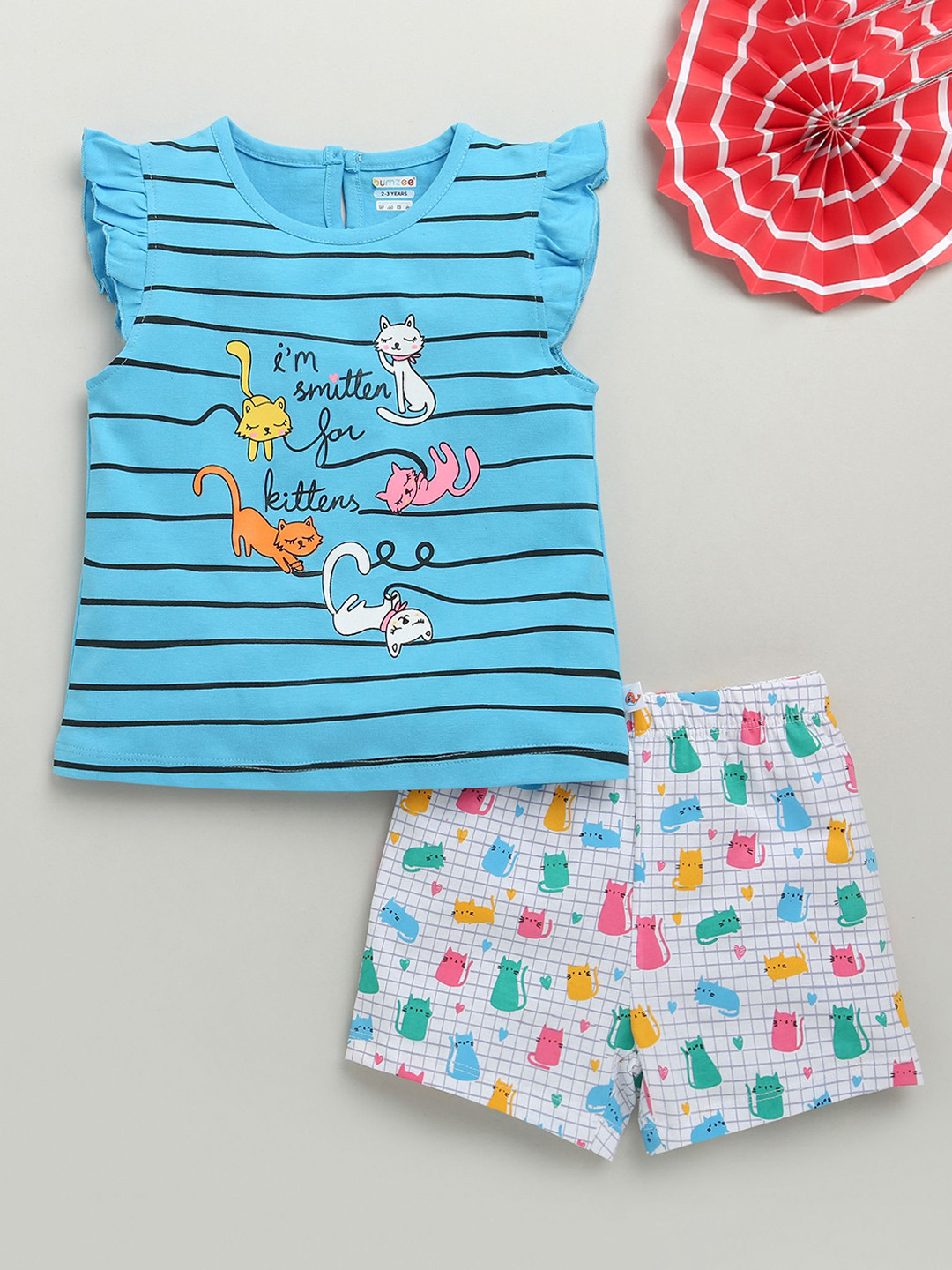 BUMZEE Girls Striped T-shirt with Shorts