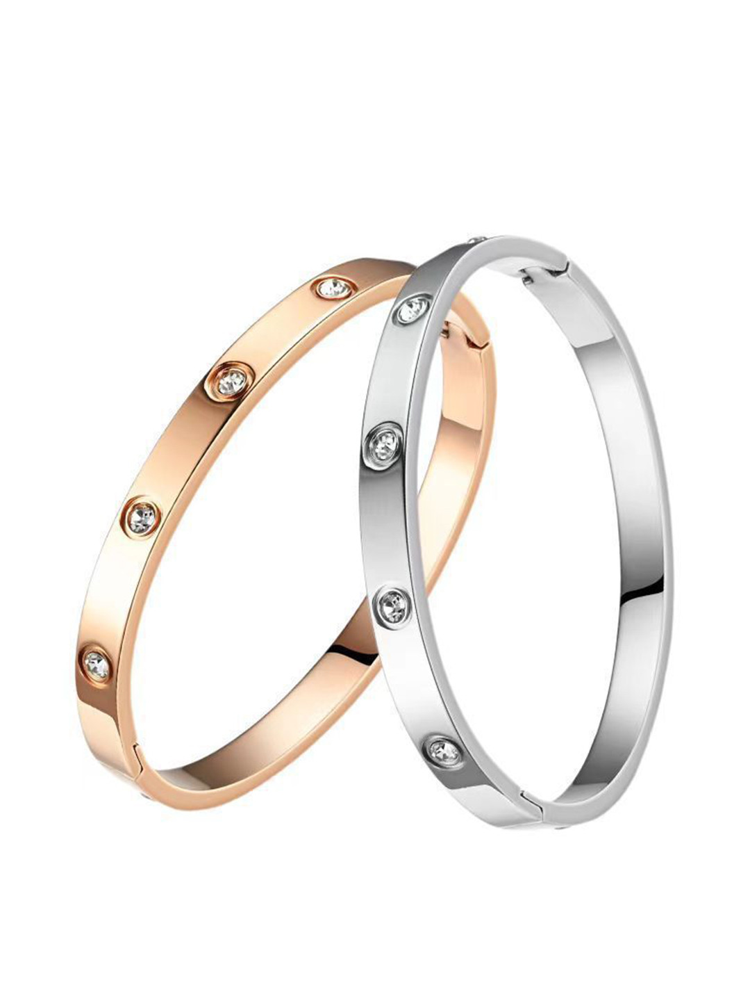 MEENAZ Set Of 2 Rose Gold-Plated Artificial Stones Studded Stainless Steel Bracelets