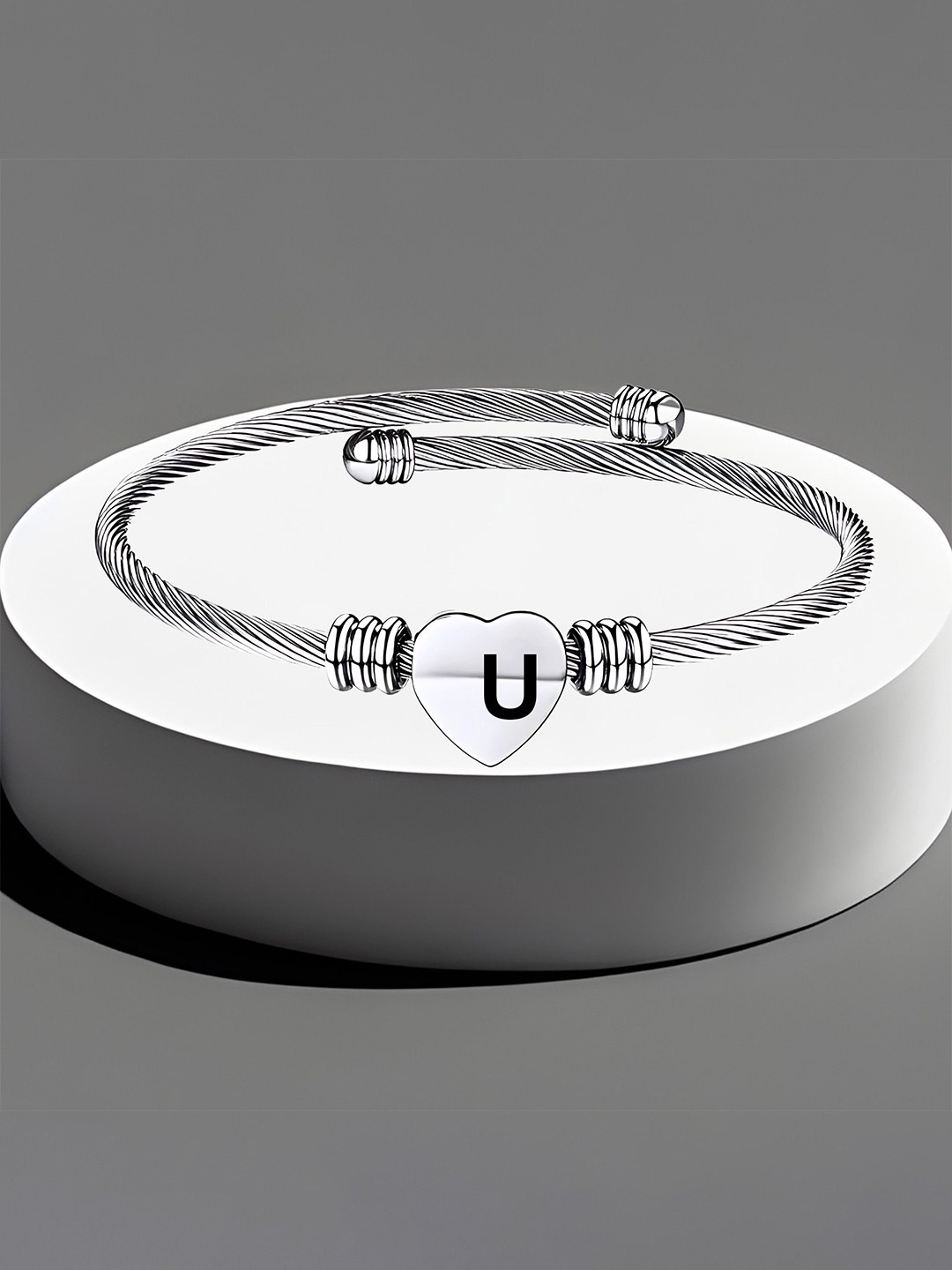 M Men Style Silver-Plated  Stainless Steel Heart Initials Engraved U Cuff Bracelet