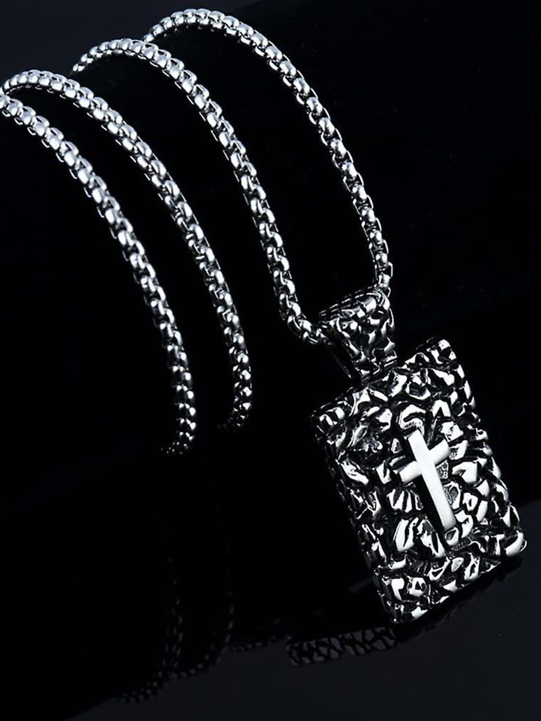 M Men Style Men Silver-Plated Geometric Biker Dog Tag Skull Goat Pendant With Chain