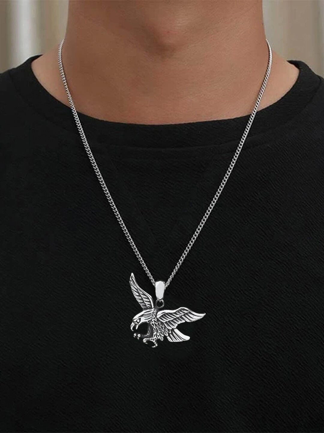 Krelin Men Silver-Plated Stainless Steel Eagle Flying Shaped Pendant With Chain