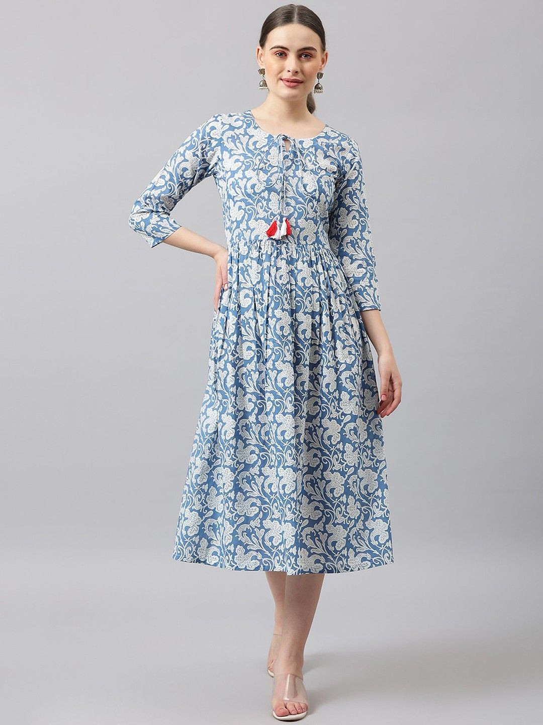 DIVASTRI Floral Printed Tie-Up Neck Fit and Flare Midi Dess