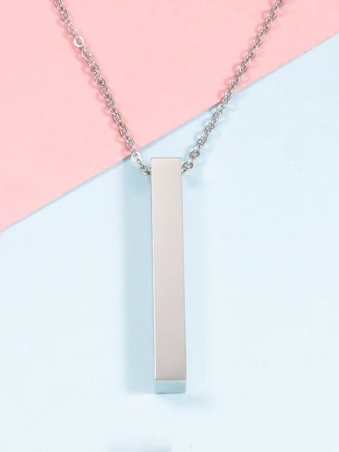 KRENOZ Men Silver-Plated Stainless Steel 3D Vertical Bar Cuboid Pendant With Chain