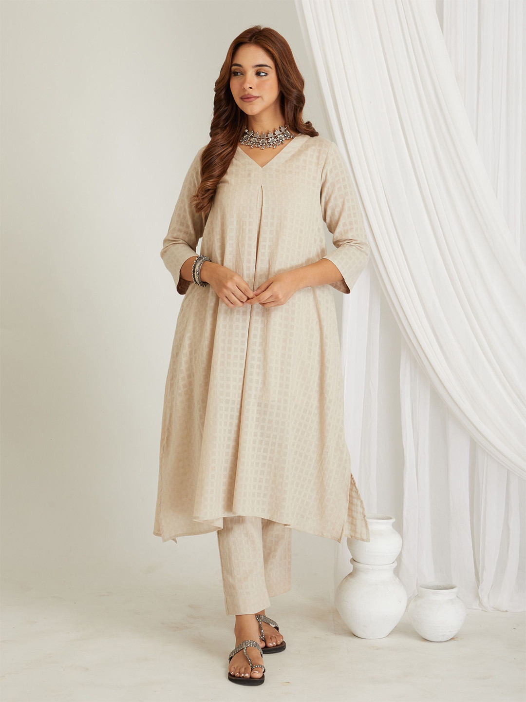 CYAN Checked V Neck Pleated Kurta