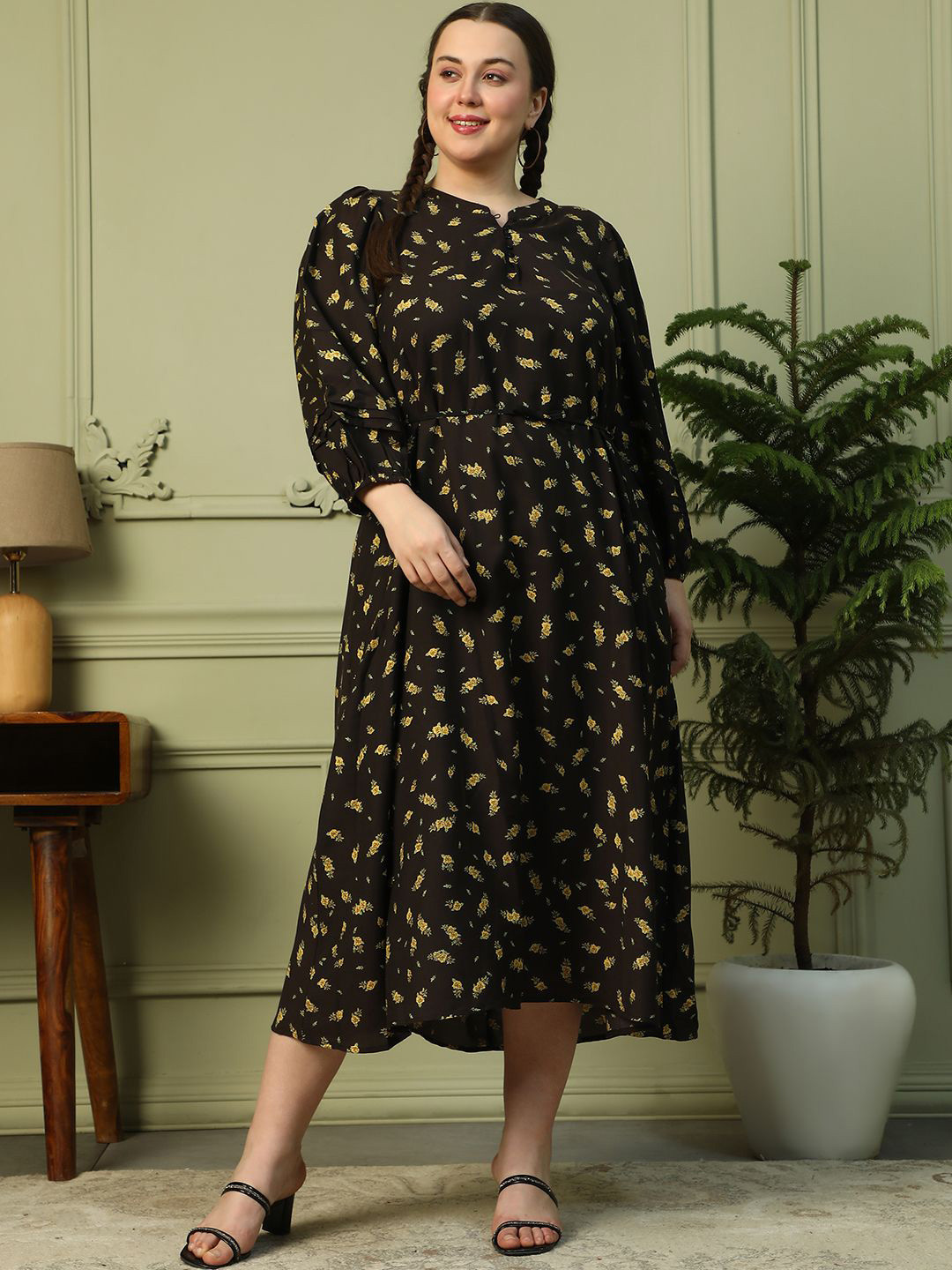 Oxolloxo Plus Size Floral Print Round Neck Long Sleeve Maxi Dress With Waist Tie-Up Belt