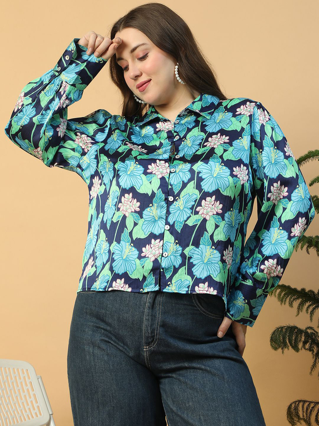 Oxolloxo Plus Size Floral Print Button Down Collared Long Sleeve Satin Shirt