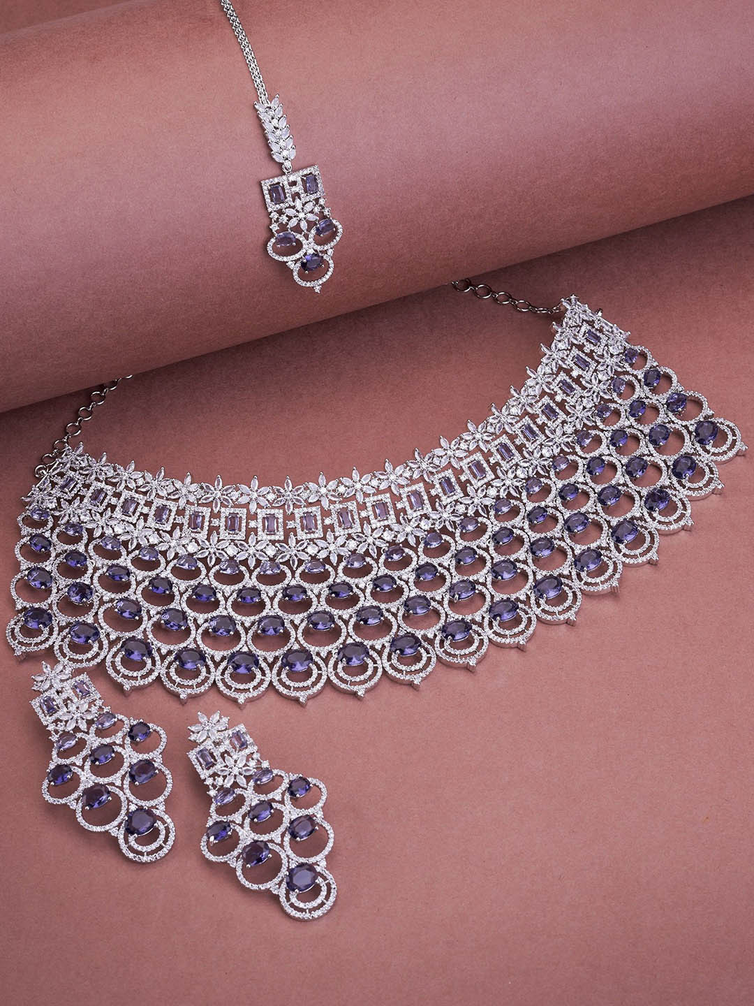 Opal Touch Rhodium Plated Cubic Zirconia Studded Chocker Jewellery Set