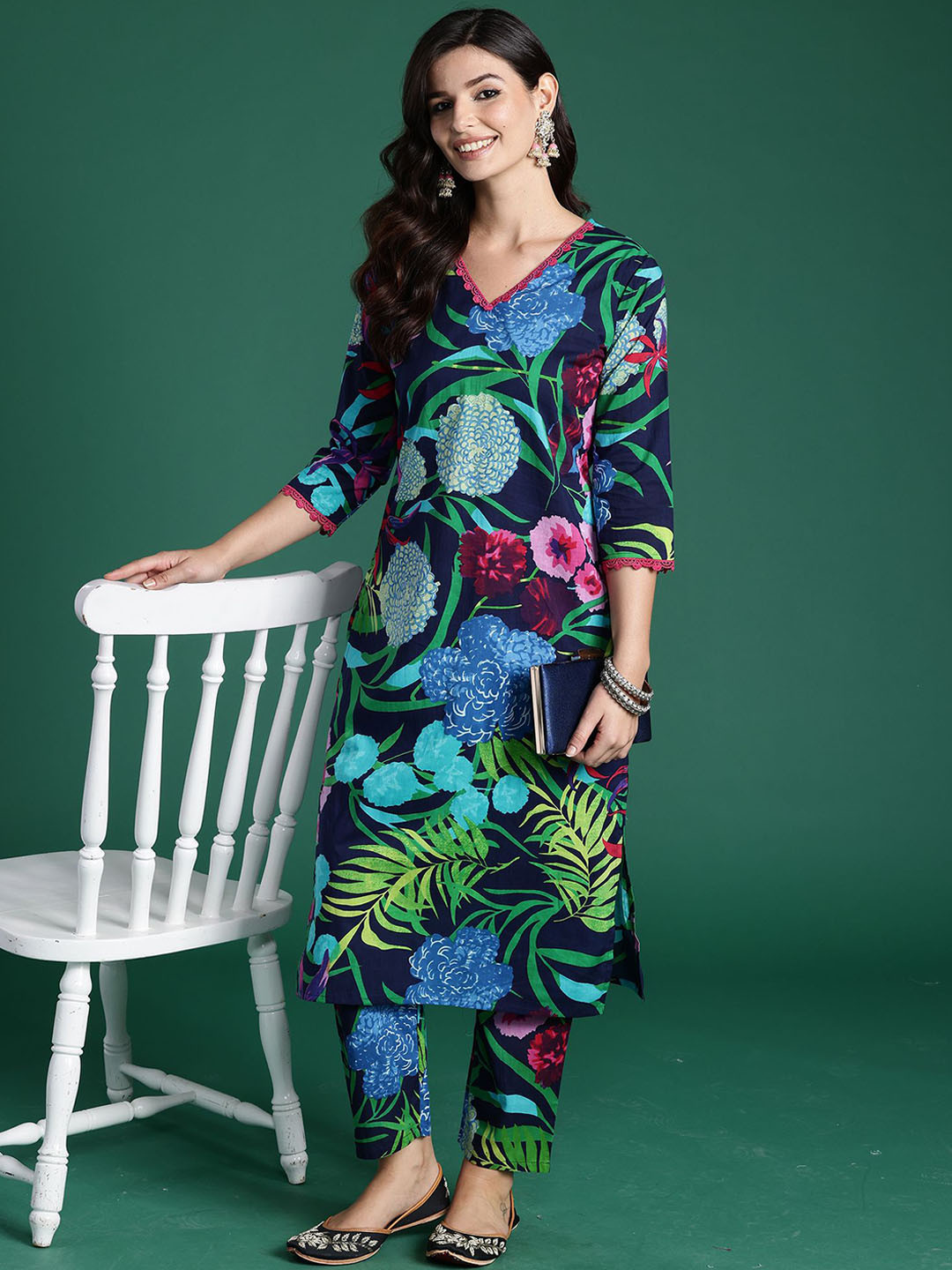 Indo Era Tropical Printed V-Neck Pure Cotton Tunic With Trouser