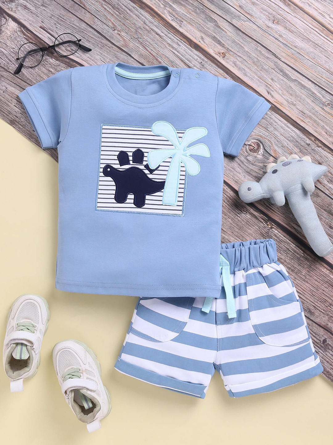 Toonyport Boys Patch Work Short Sleeves Pure Cotton Shirt With Shorts