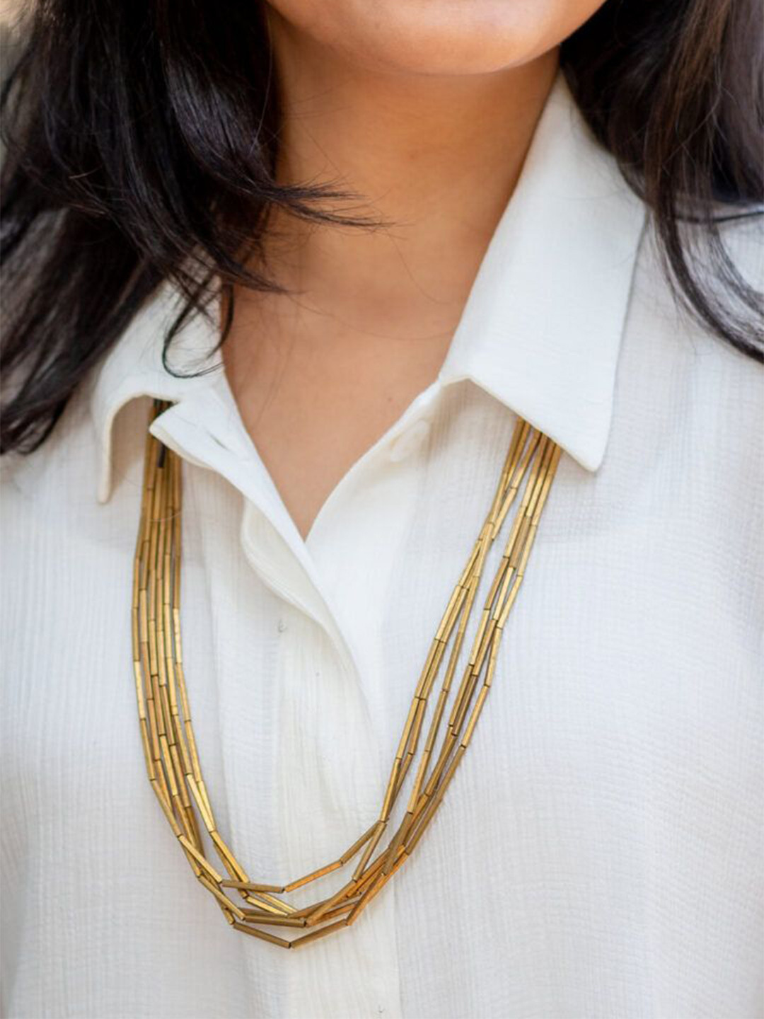 Studio Anviksha Antique Brass Tube Layered Statement Necklace