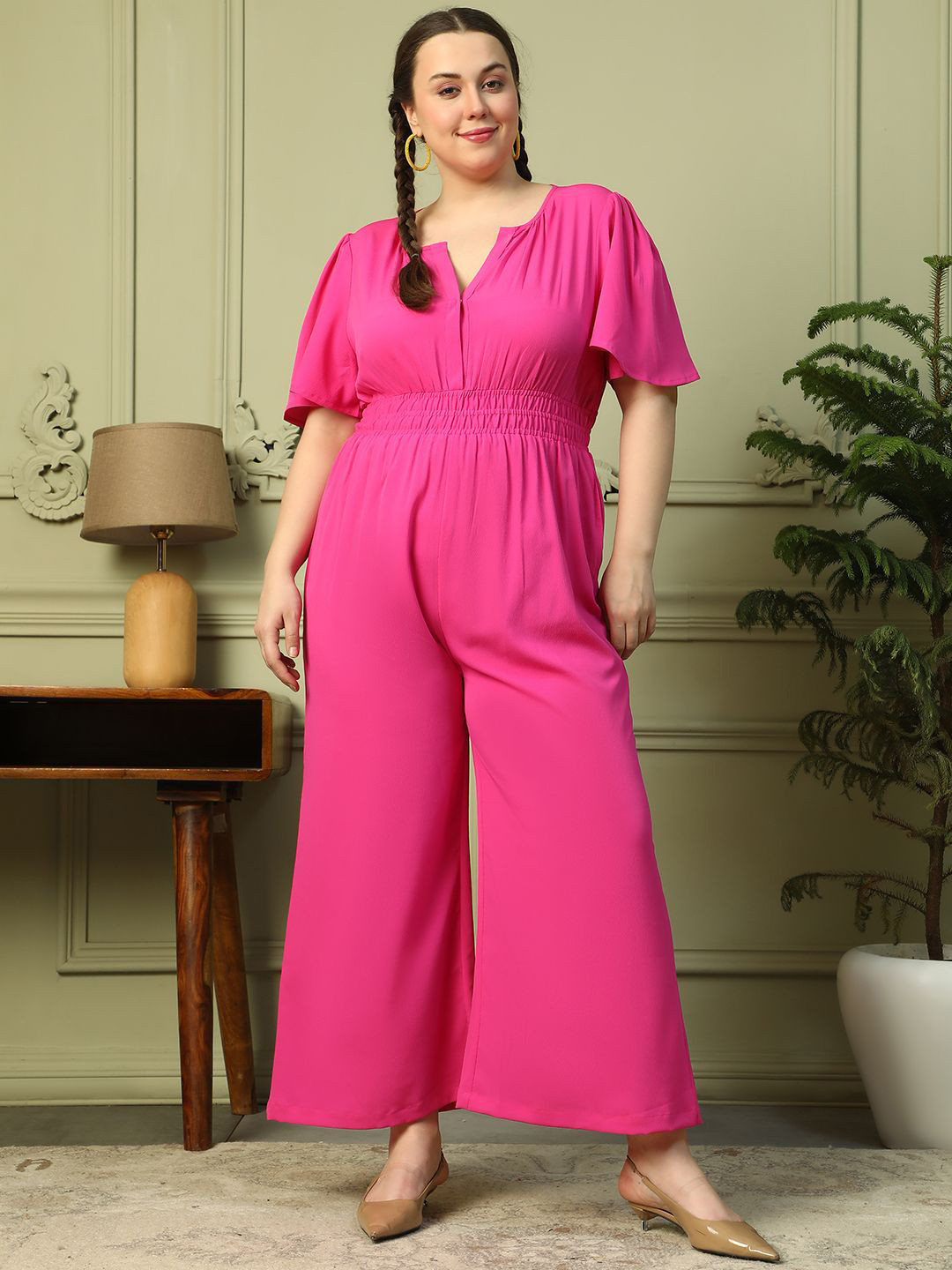 Oxolloxo Plus Size Solid V-Neck Short Sleeve Elasticated Jumpsuit