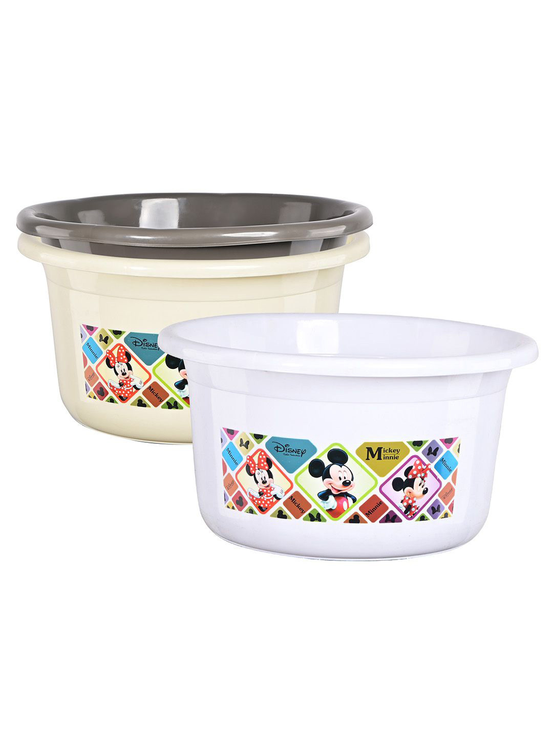 Kuber Industries White & Cream-Coloured 3 Pcs Disney Check Printed Light Weight Bath Tubs