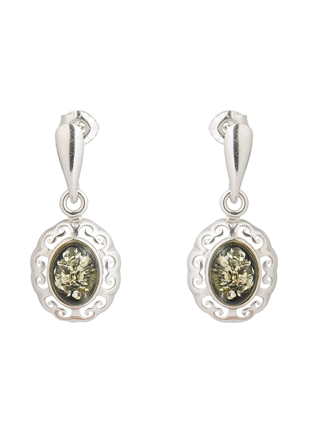 Asteri Shine On Sterling Silver Green European Baltic Amber Ornate Vintage Earrings