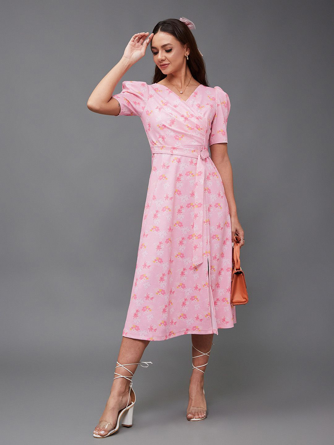 Miss Chase Women Georgette Floral Printed V-Neck Midi Warp Dress