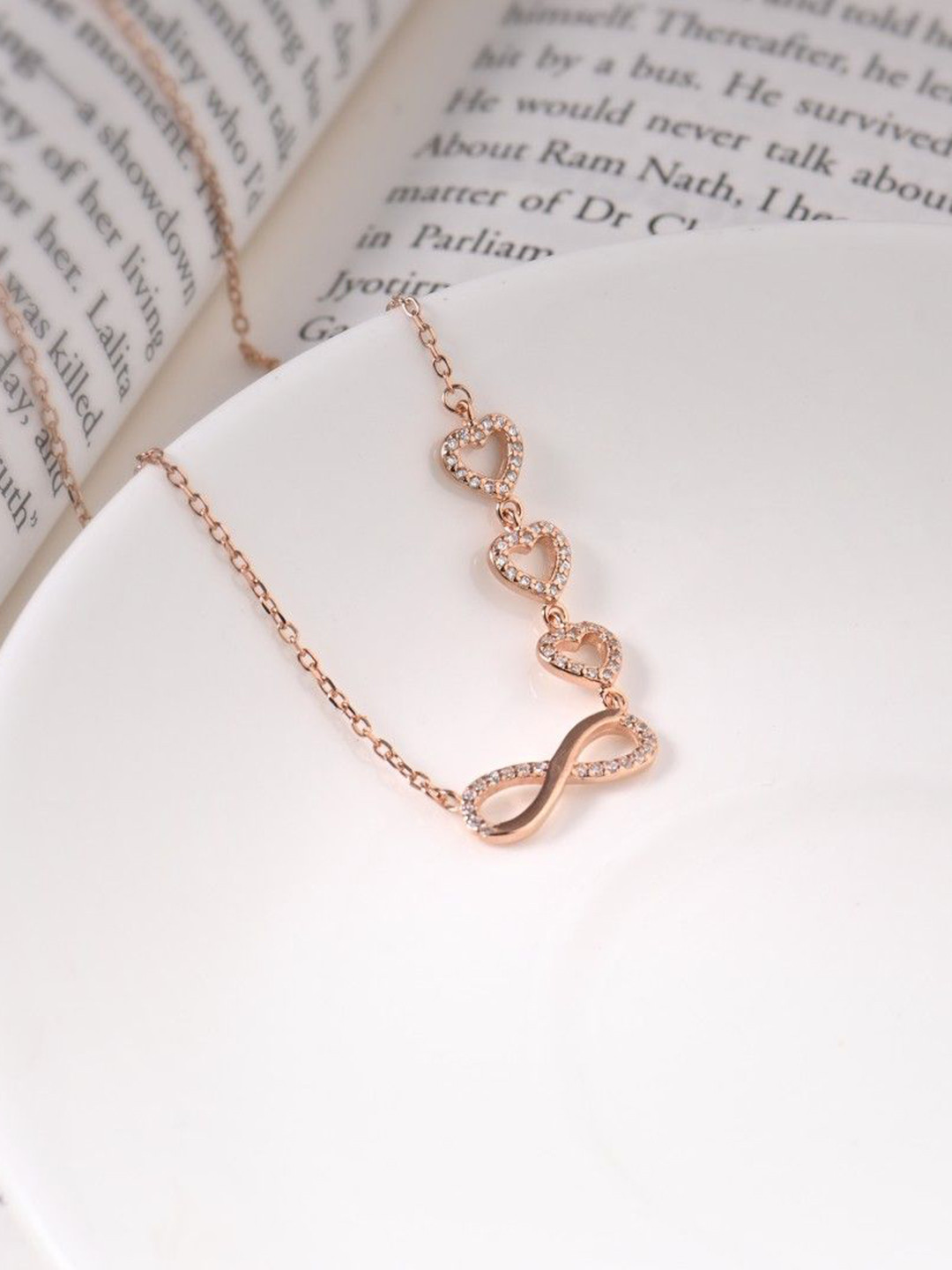 RACHIVA 925 Sterling Silver Infinity Love Trifold Hearts Zircon Rose Gold Pendant with Link Chain