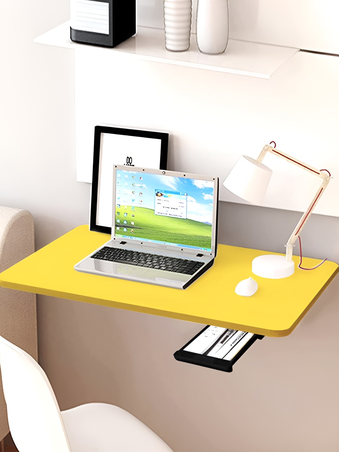 Torche Yellow Wood Wall Mounted Foldable Study Table With Drawer