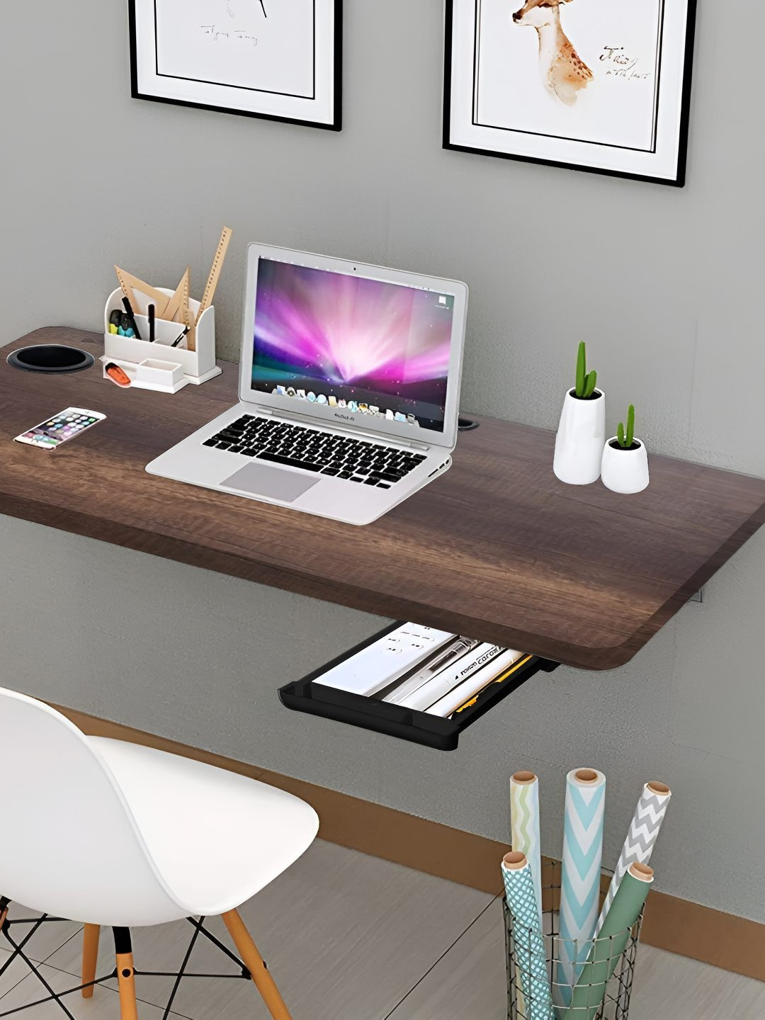 Torche Brown Wood Wall Mounted Foldable Study Table With Cup Holder & Drawer