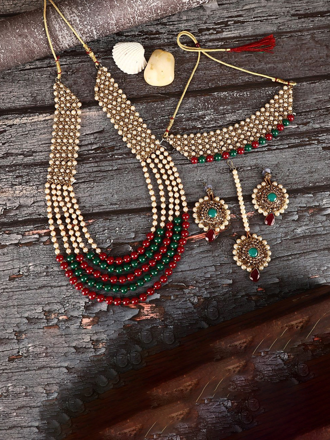 Opal Touch Gold-Plated Stone Studded & Beaded Layered Jewellery Set