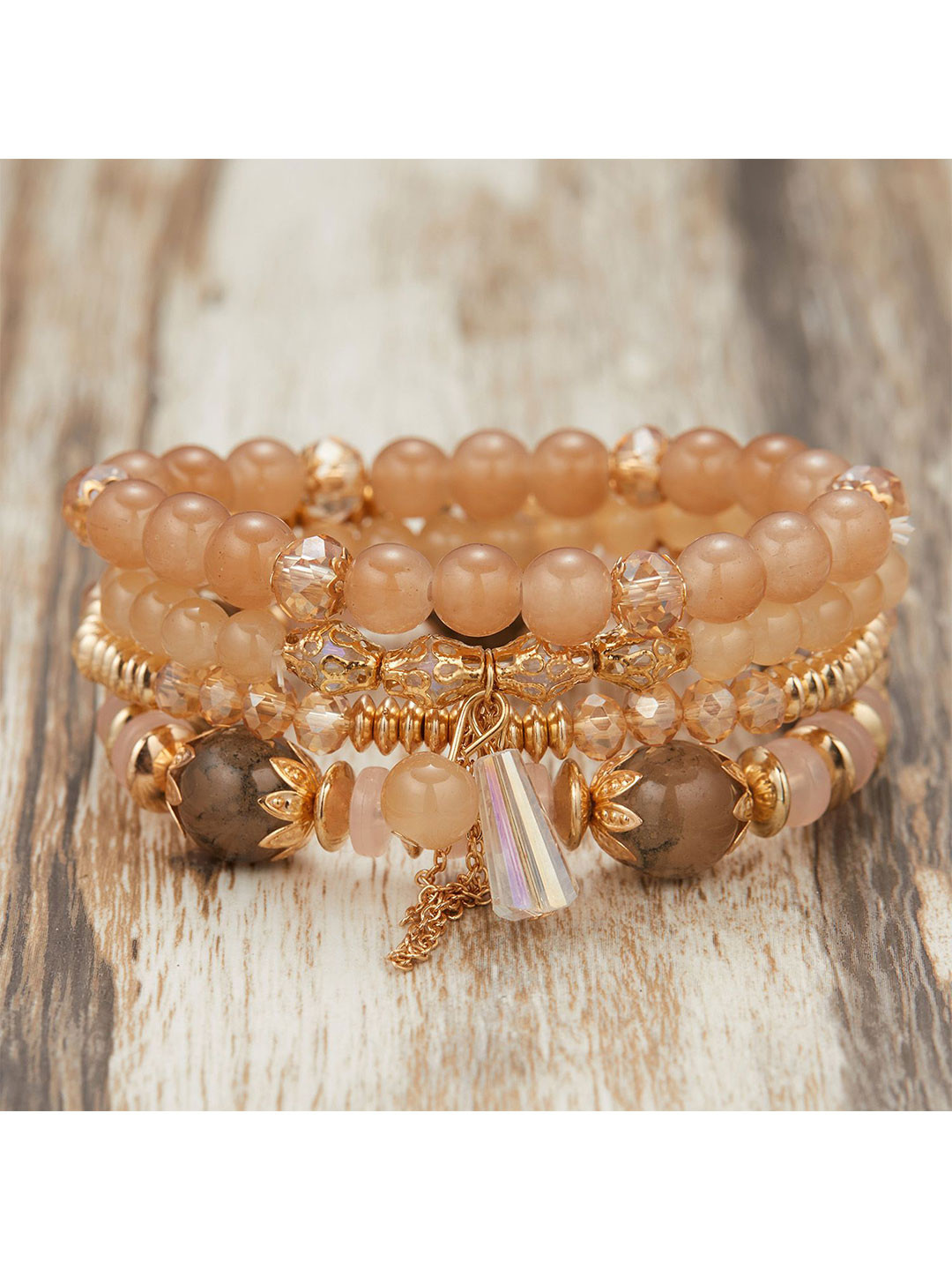 MEENAZ Set Of 4 Gold-Plated Artificial Beaded Elasticated Bracelets