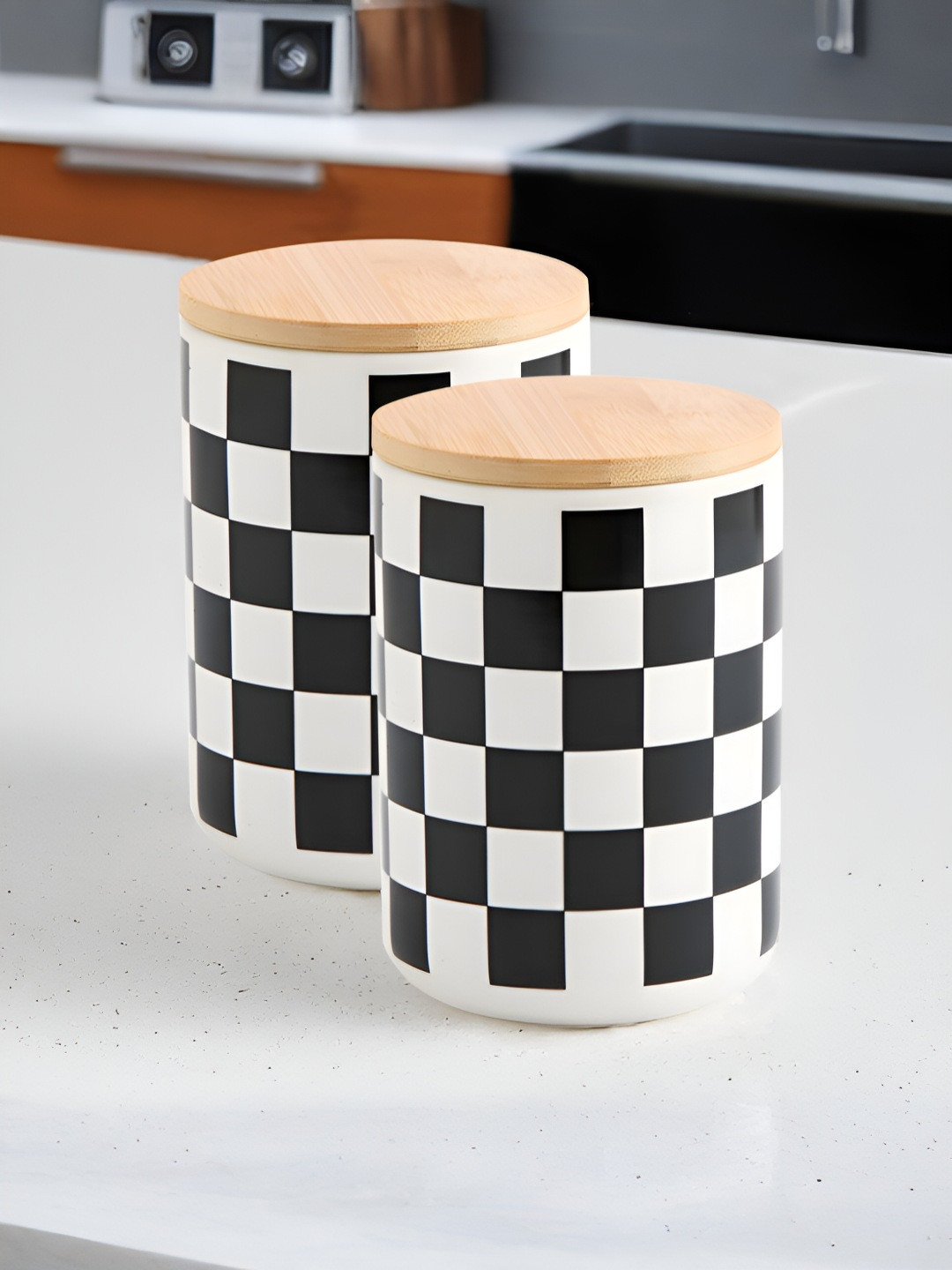 The Better Home Multi Checkered Ceramic Dishwasher Safe 2 Piece Flip Top Jar-800ml